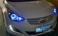 现代朗动 车灯改装原厂Q5双光透镜、商包飞利浦D1S氙气灯泡、蓝色天使眼、专用日行灯