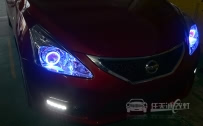 日产骐达 车灯改装原厂Q5双光透镜、全新欧司朗D1S灯泡、松下安定器、天使眼、恶魔眼