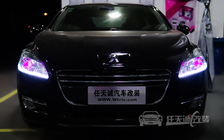 标致508车灯改装任天诚定制黄金版双光透镜、飞利浦XV氙灯、澳兹姆泪眼、恶魔眼