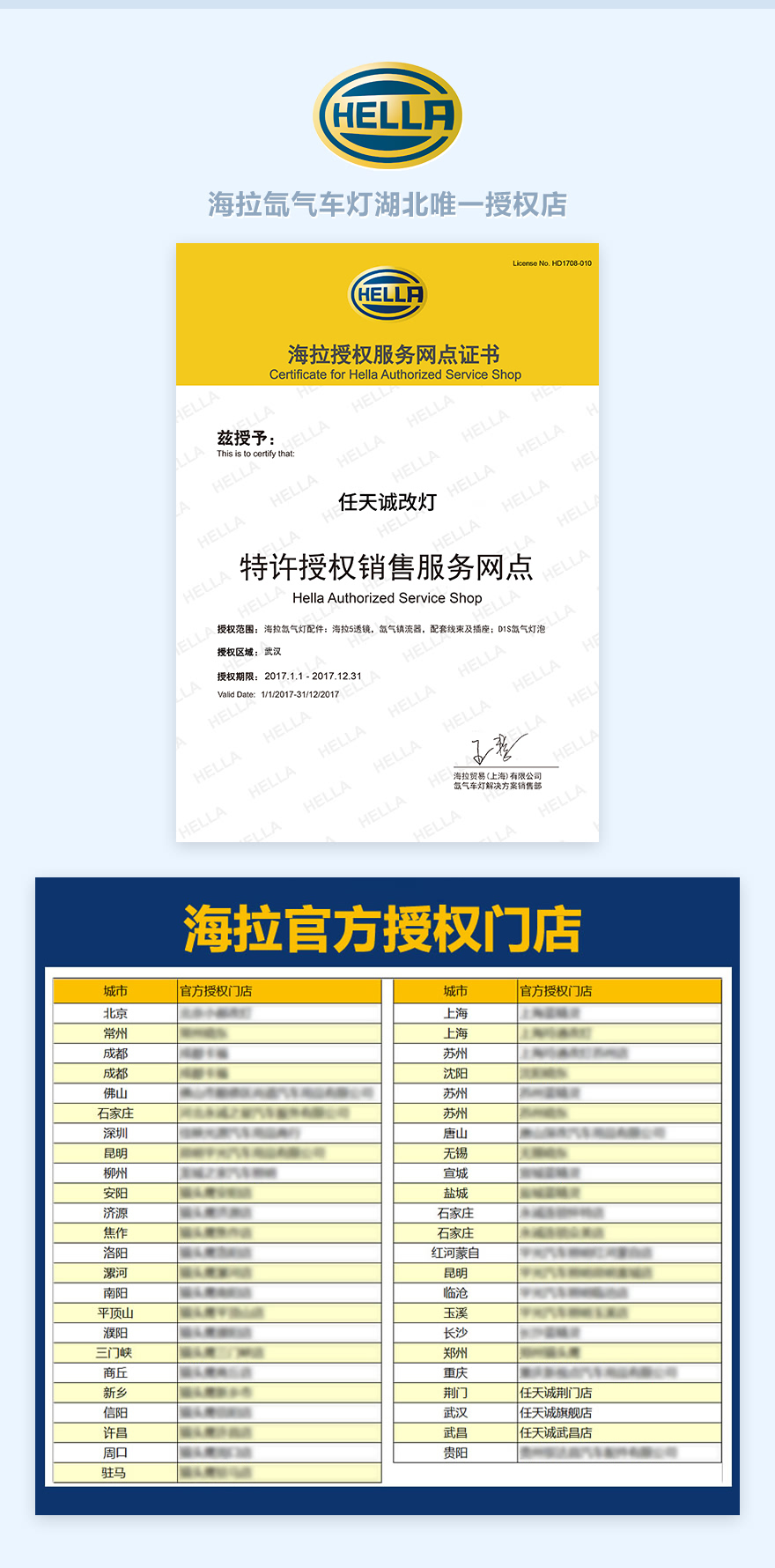 海拉授权证书 海拉氙气车灯湖北唯一授权店